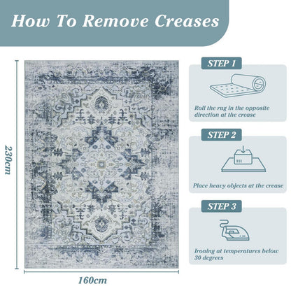 Waschbarer Vintage Teppich Blau 160x230cm – Boho Kurzflor Wohnzimmer