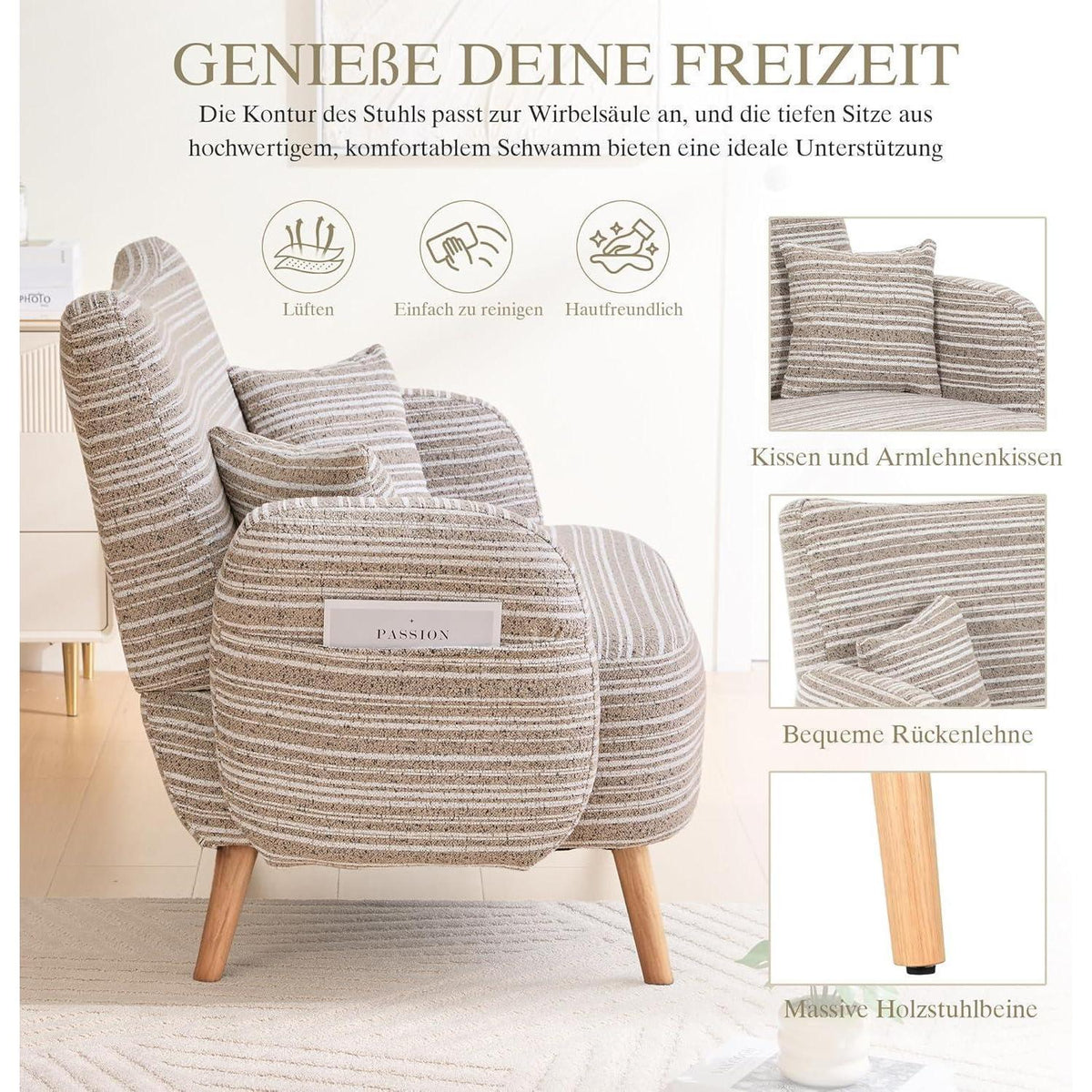 Relaxsessel mit Bouclé Stoff & Seitentaschen, Khaki