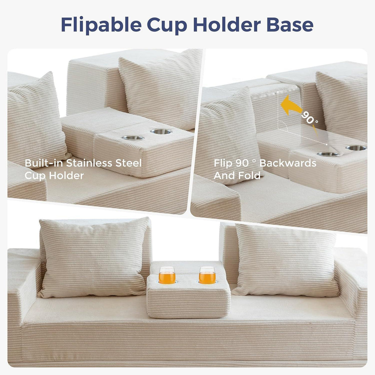 Bequemes Cord Schlafsofa mit Getränkehaltern