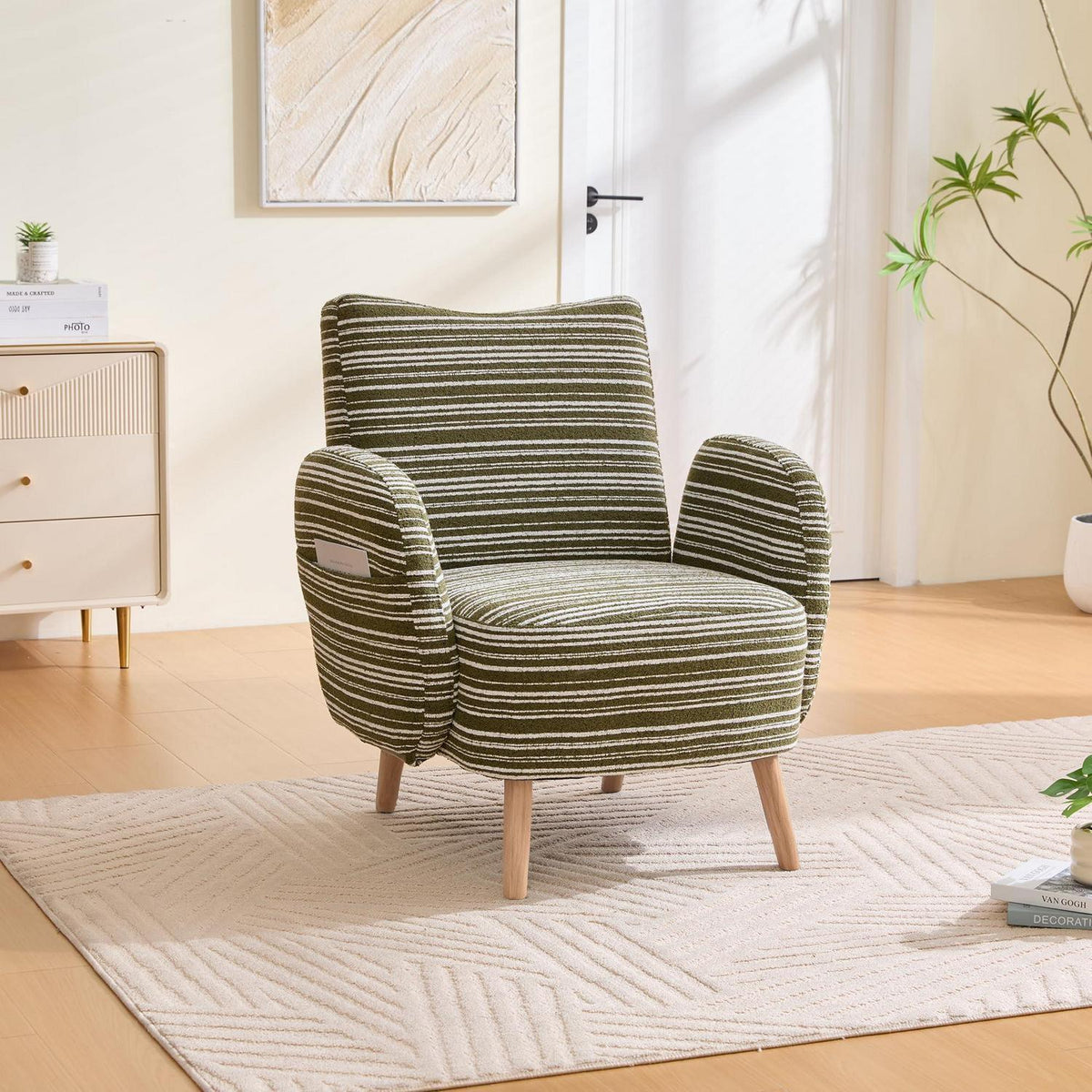 Ohrensessel Relaxsessel Bouclé Olivgrün – Bequemer Lesesessel mit Stauraum