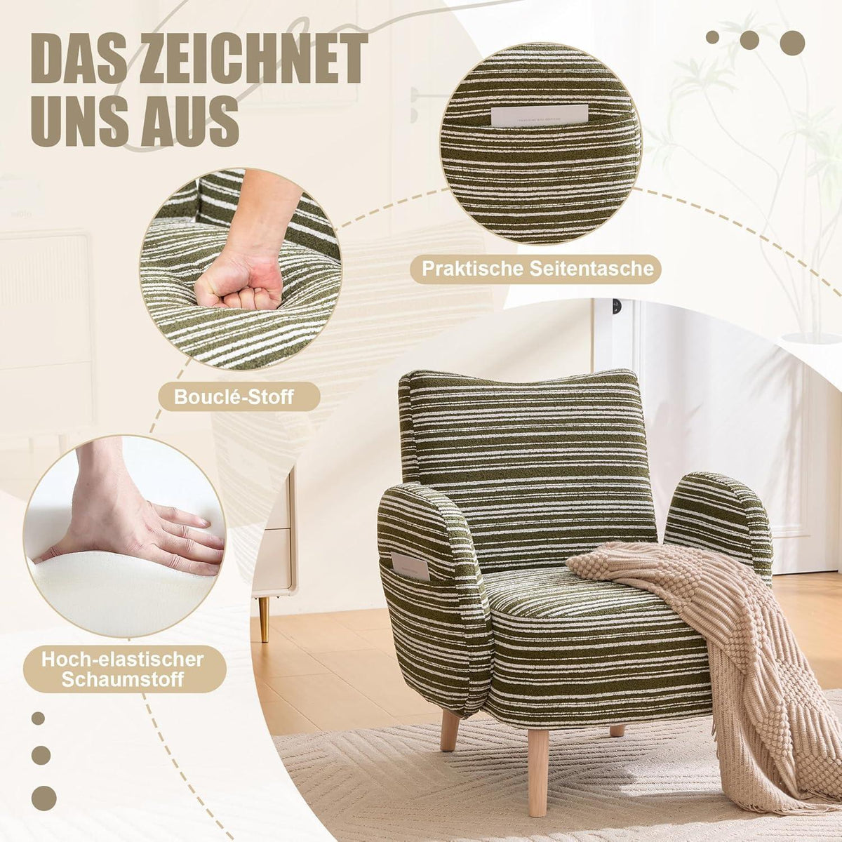 Ohrensessel Relaxsessel Bouclé Olivgrün – Bequemer Lesesessel mit Stauraum