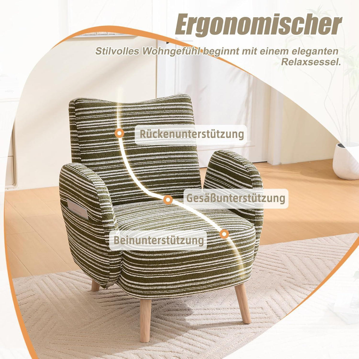 Ohrensessel Relaxsessel Bouclé Olivgrün – Bequemer Lesesessel mit Stauraum