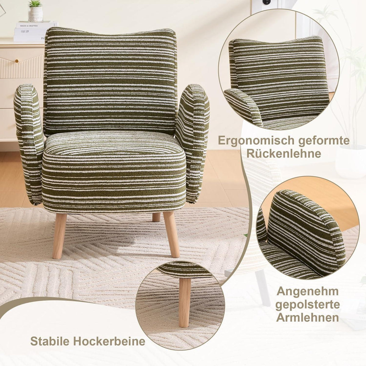 Ohrensessel Relaxsessel Bouclé Olivgrün – Bequemer Lesesessel mit Stauraum