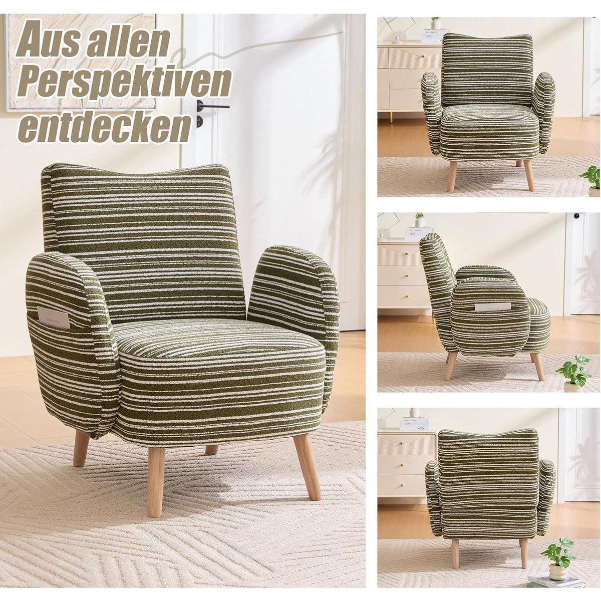 Ohrensessel Relaxsessel Bouclé Olivgrün – Bequemer Lesesessel mit Stauraum
