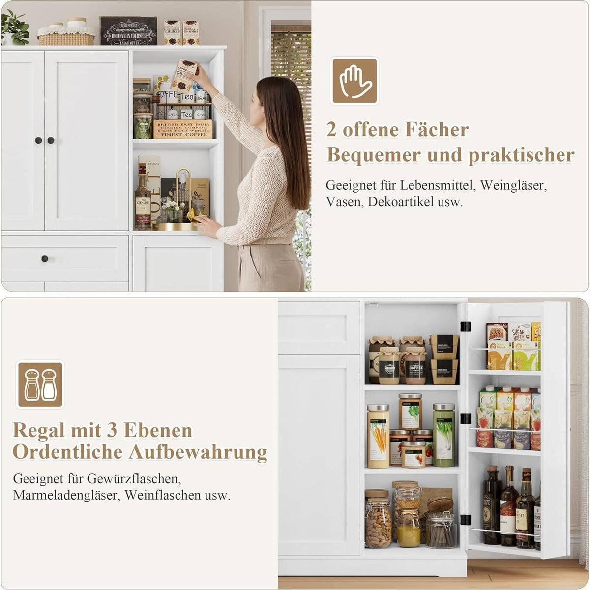 Küchenschrank mit Gewürzregal & 5 Türen – Weißer Hochschrank für Küche & Wohnen