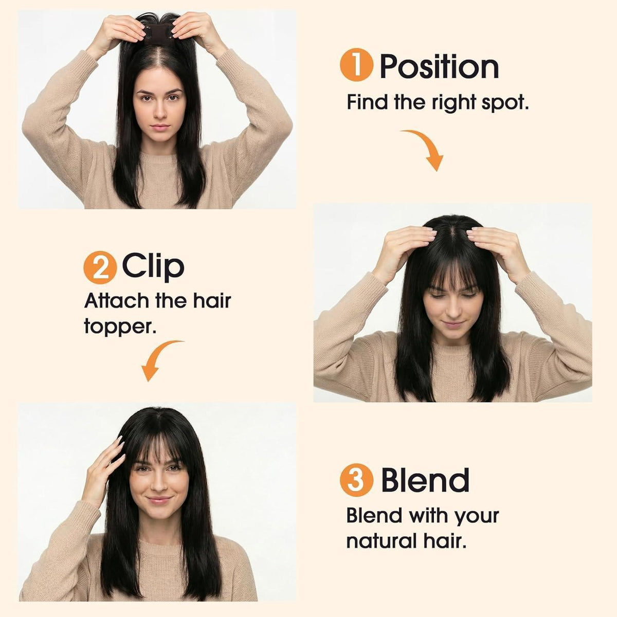 Echthaar Topper mit Wispy Pony – Natürliches Schwarz