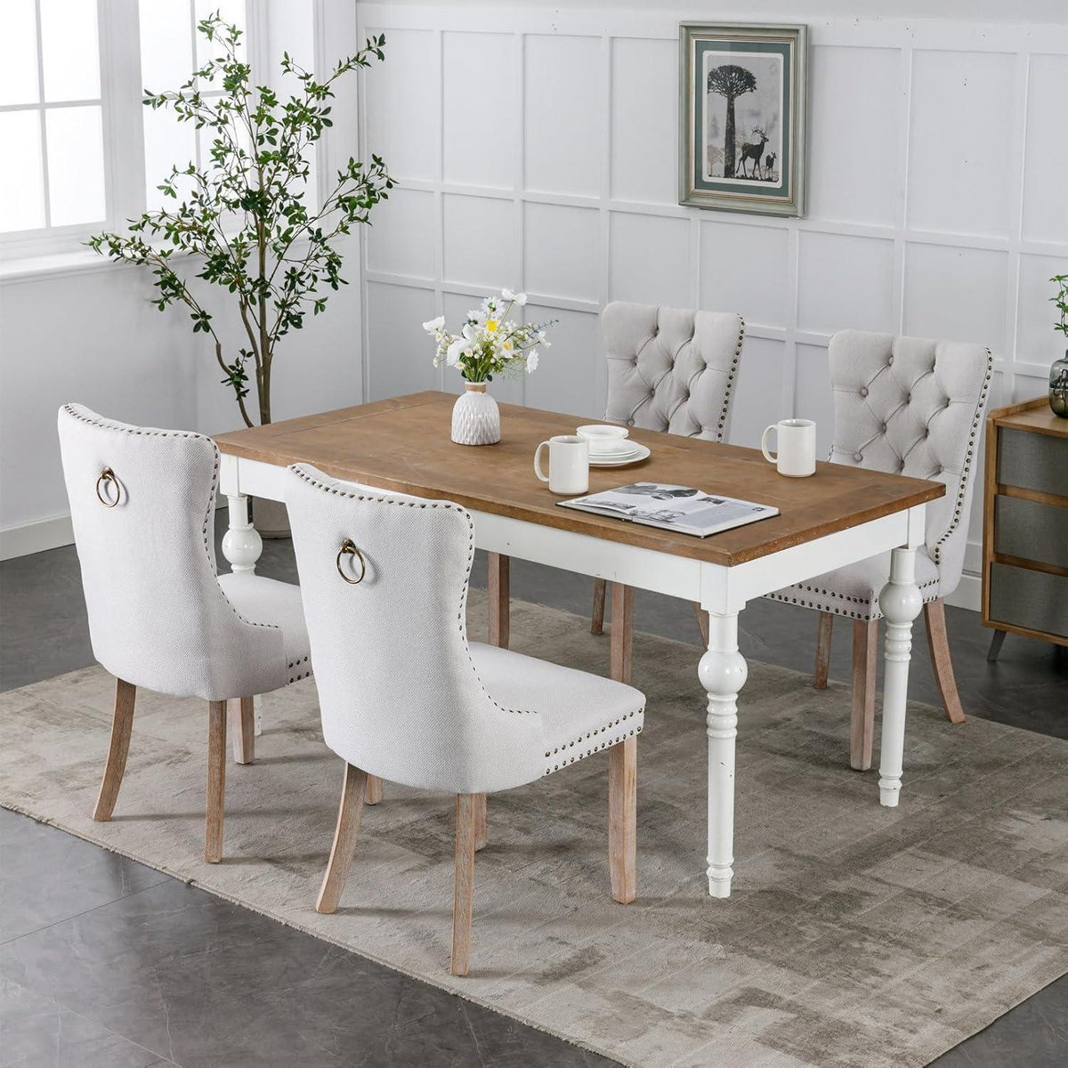 Gepolsterte Esszimmerstühle 6er Set, Beige Leinenstoff