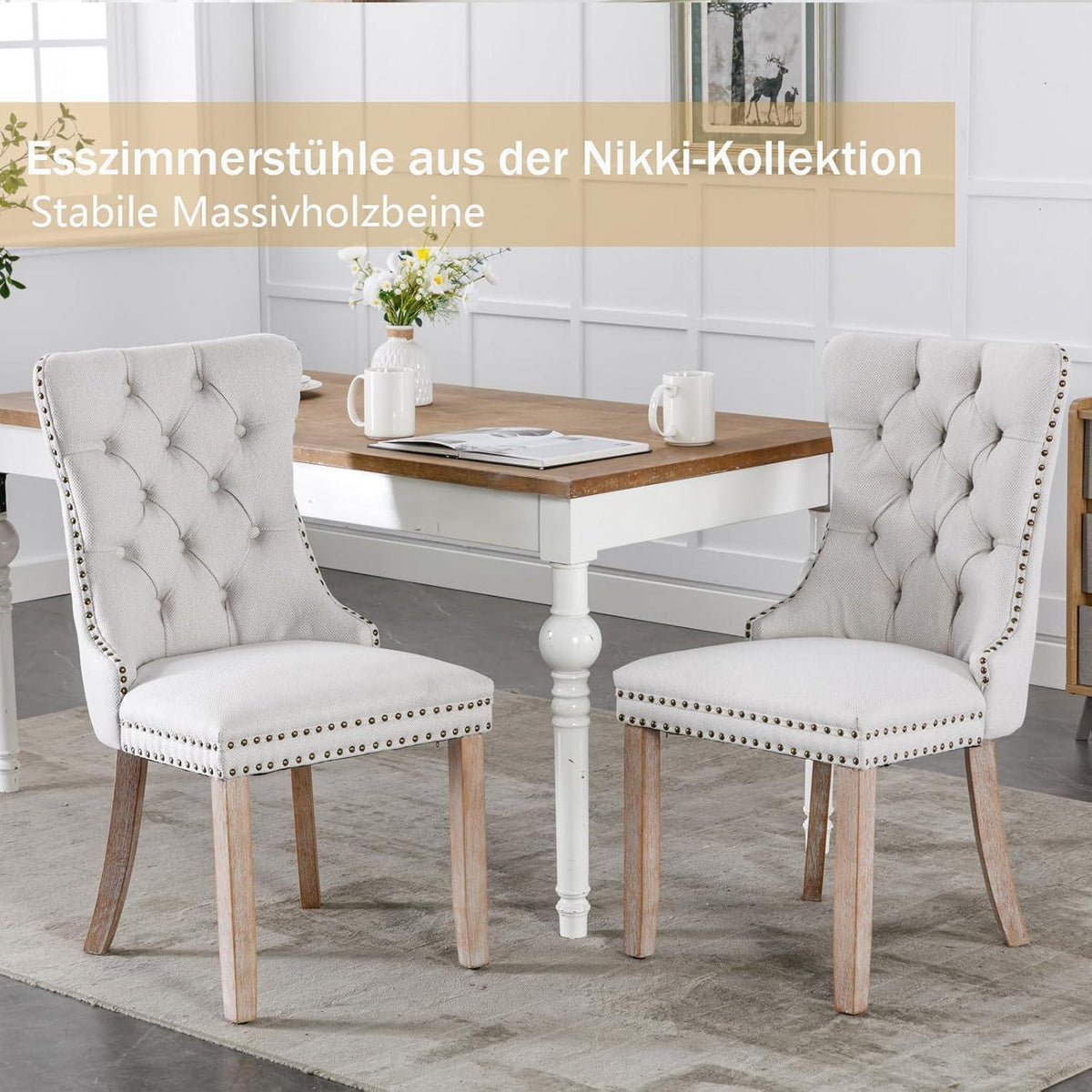Gepolsterte Esszimmerstühle 4er-Set, Beige Leinenstoff