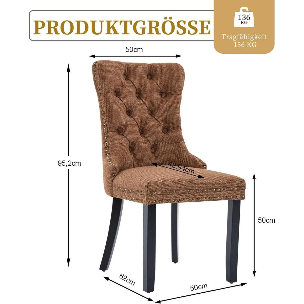 Gepolsterte Esszimmerstühle 2er-Set, Braun, Leinenstoff