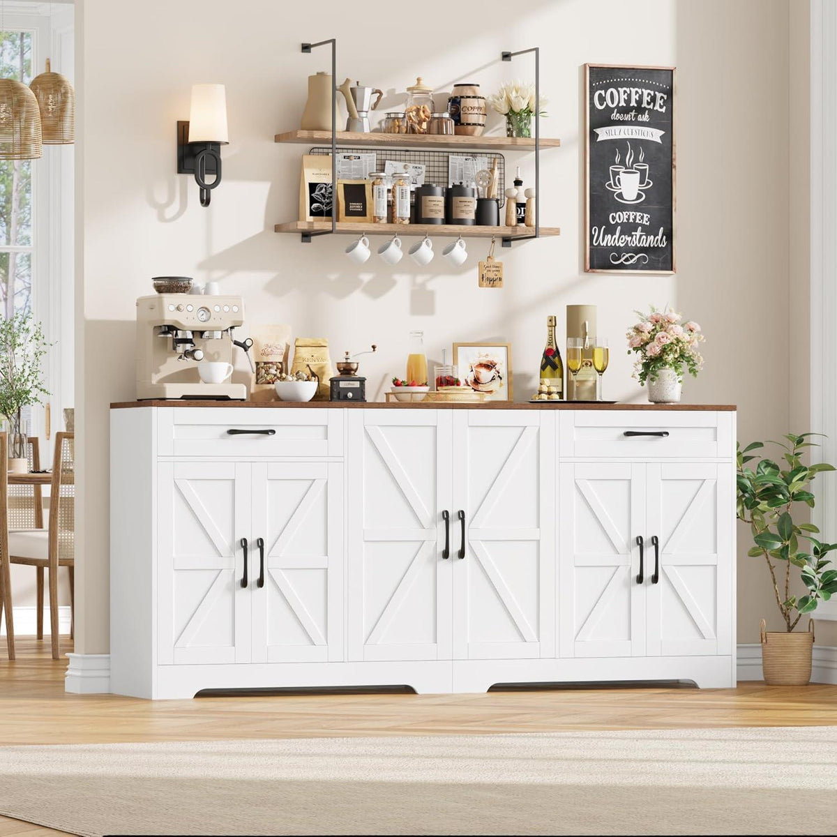 180cm Sideboard mit Arbeitsplatte – Weißes Küchenbuffet mit 6 Türen