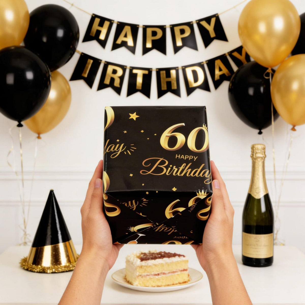 Geschenkpapier 60. Geburtstag Schwarz Gold 70x50 cm