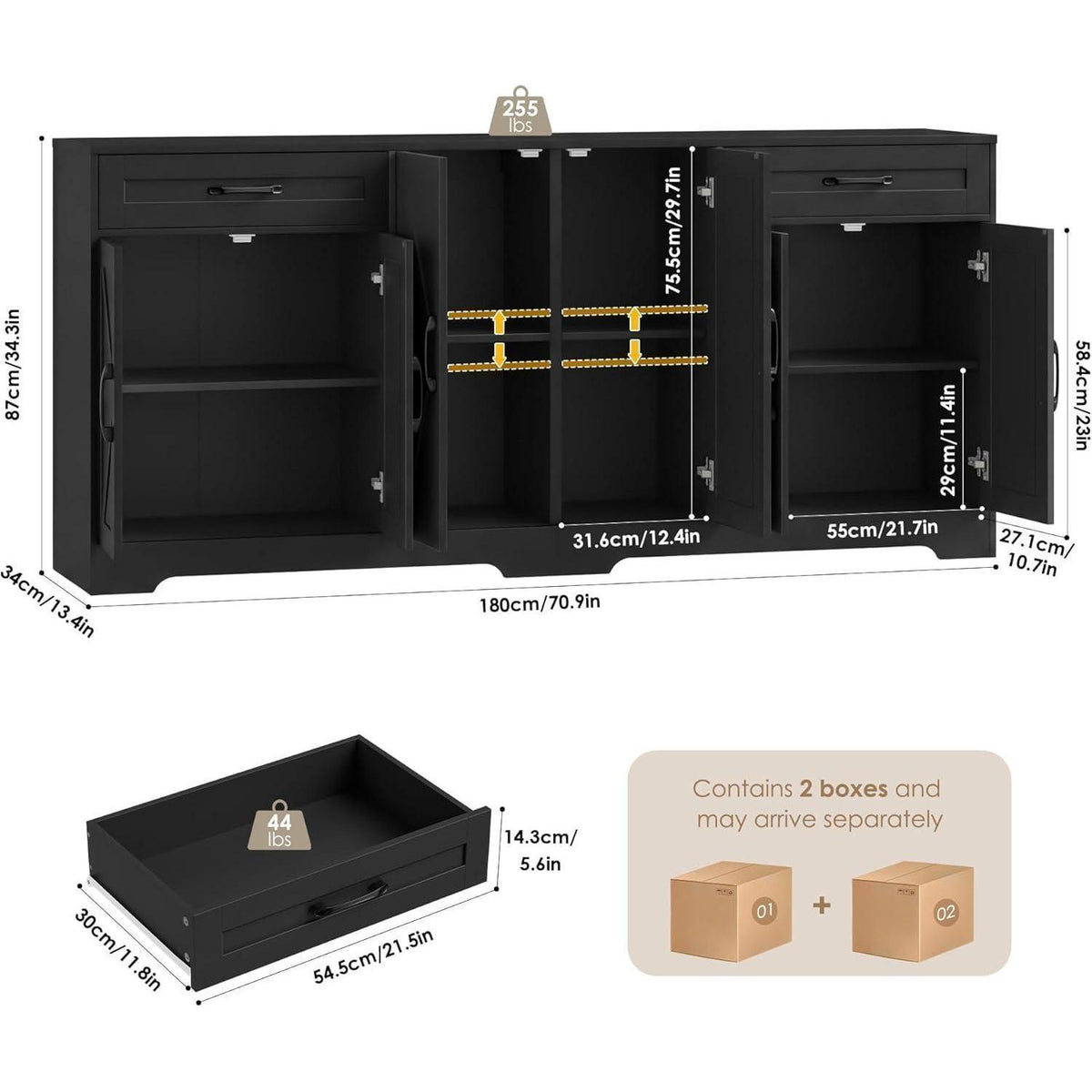 180cm Sideboard mit Arbeitsplatte – Küchenschrank mit 6 Türen