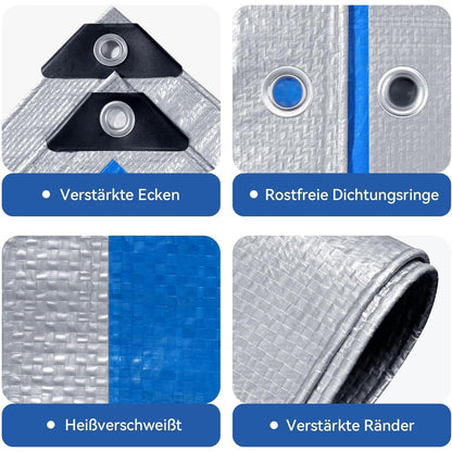Wasserdichte Plane 5x8m – Silber/Blau, UV & Reißfest