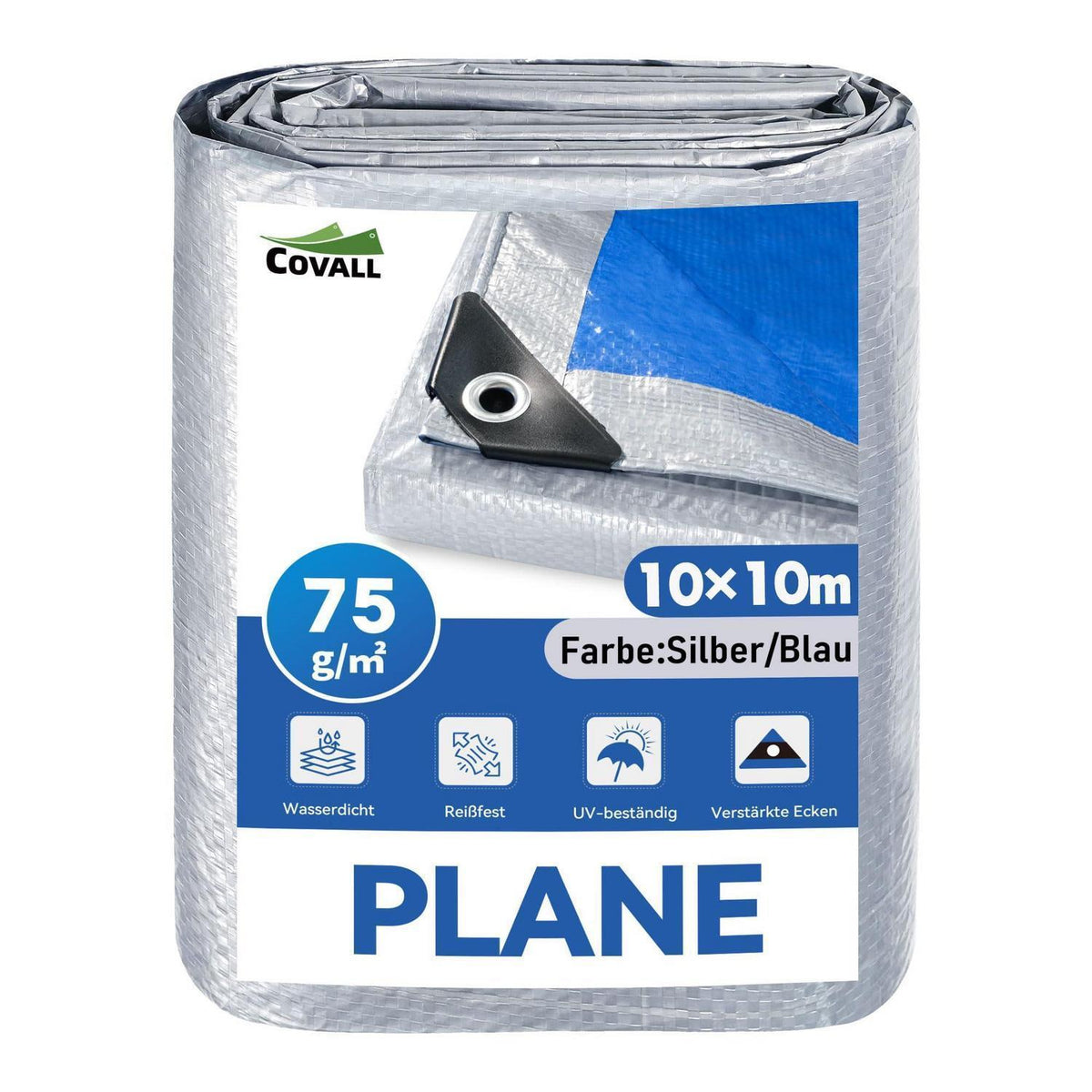 Wasserdichte Plane 10x10m – Silber/Blau, UV & Reißfest