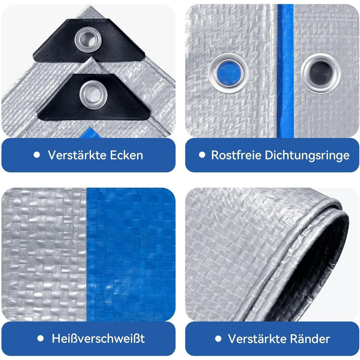 Wasserdichte Plane 10x10m – Silber/Blau, UV & Reißfest