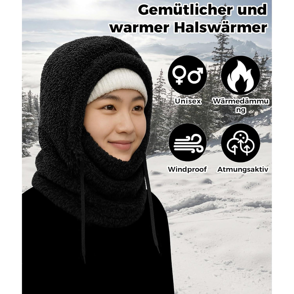 Sturmhaube Fleece Thermo Balaclava Damen Herren Winter Schwarz