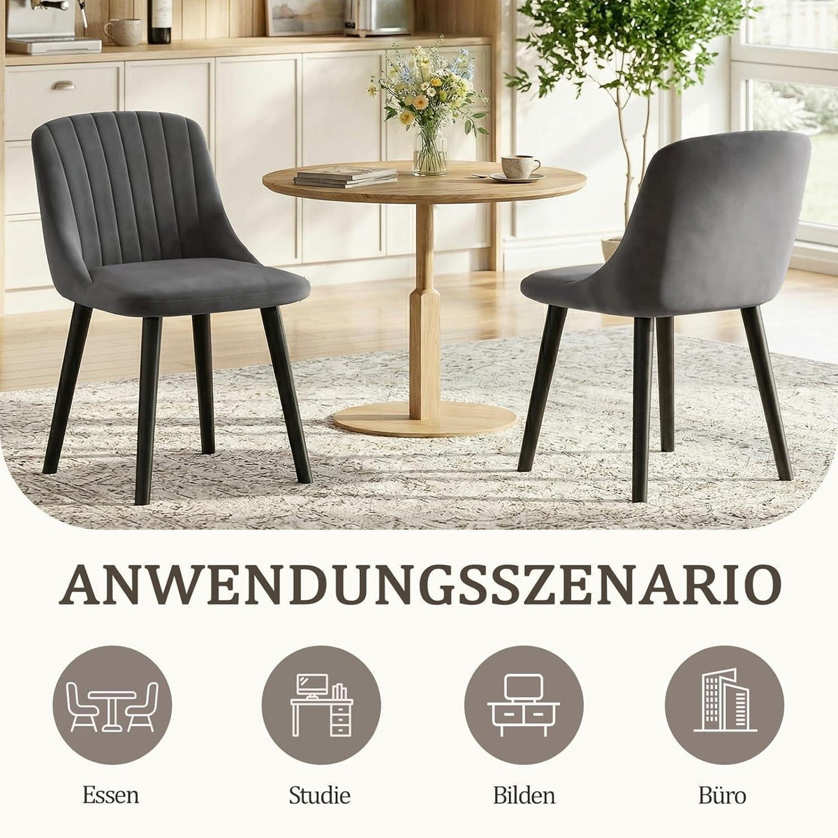 Esszimmerstuhl Set Dunkelgrau Samt | 6er Pack Holzbeine
