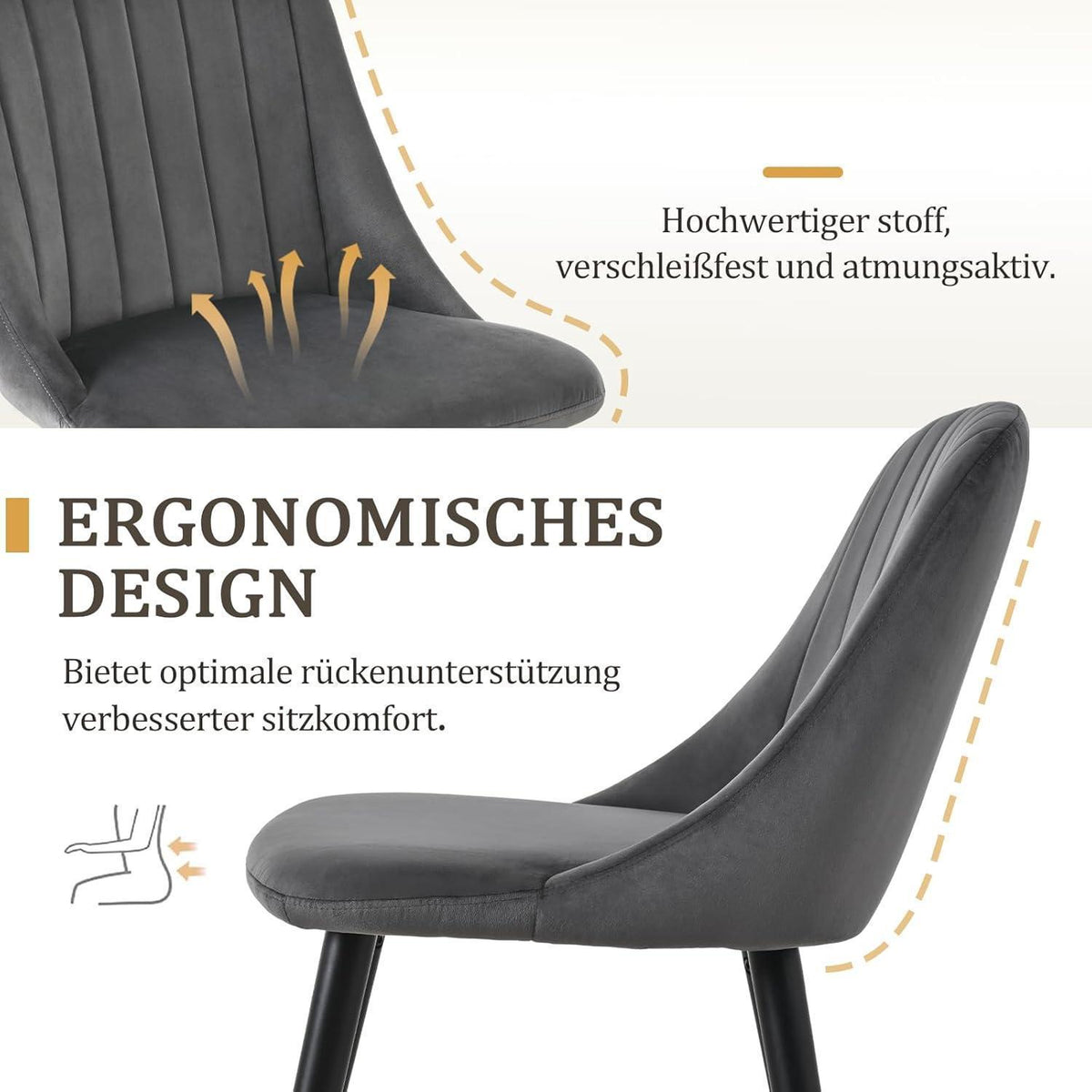 Esszimmerstuhl Set Dunkelgrau Samt | 6er Pack Holzbeine