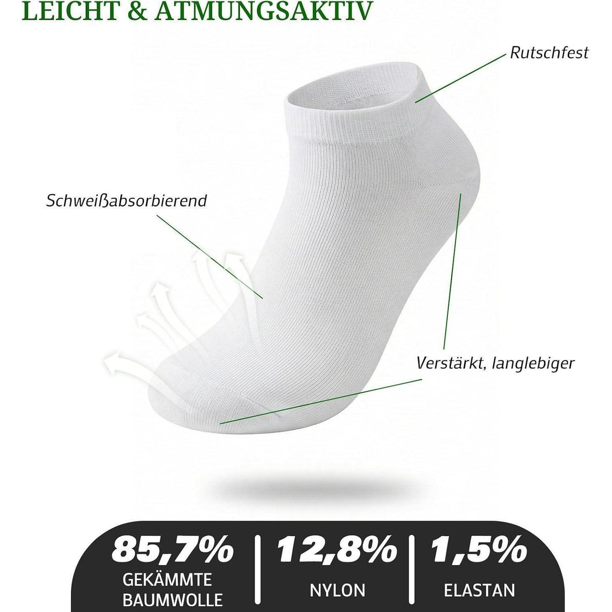 10 Paar Sneaker Socken Baumwolle – Unisex Weiß, Größe 43-46