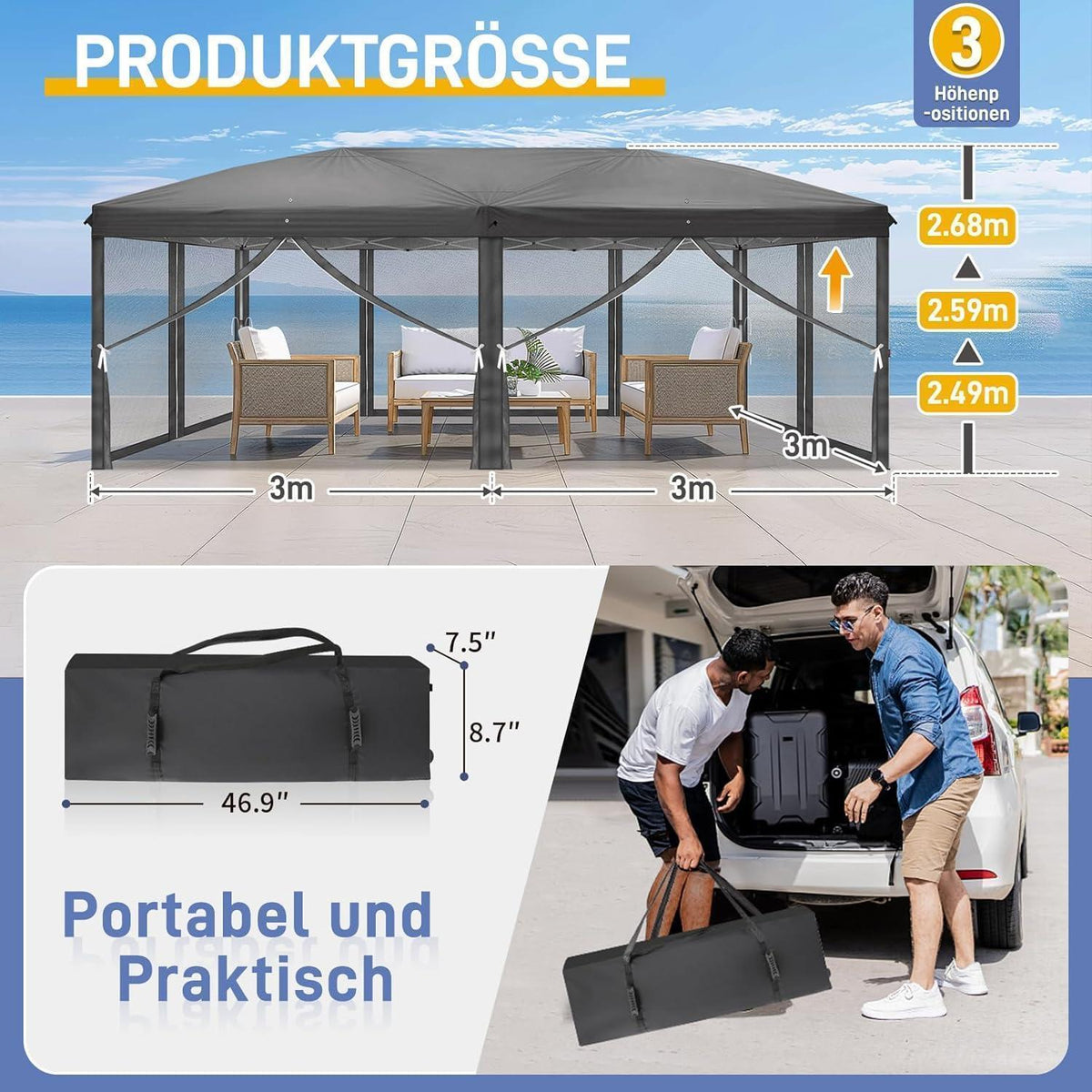 Faltpavillon 3x6m – Wasserdicht, UV-Schutz & Moskitonetz