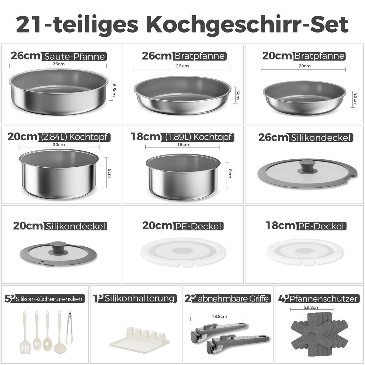 21-teiliges Topfset mit abnehmbarem Griff – Grau