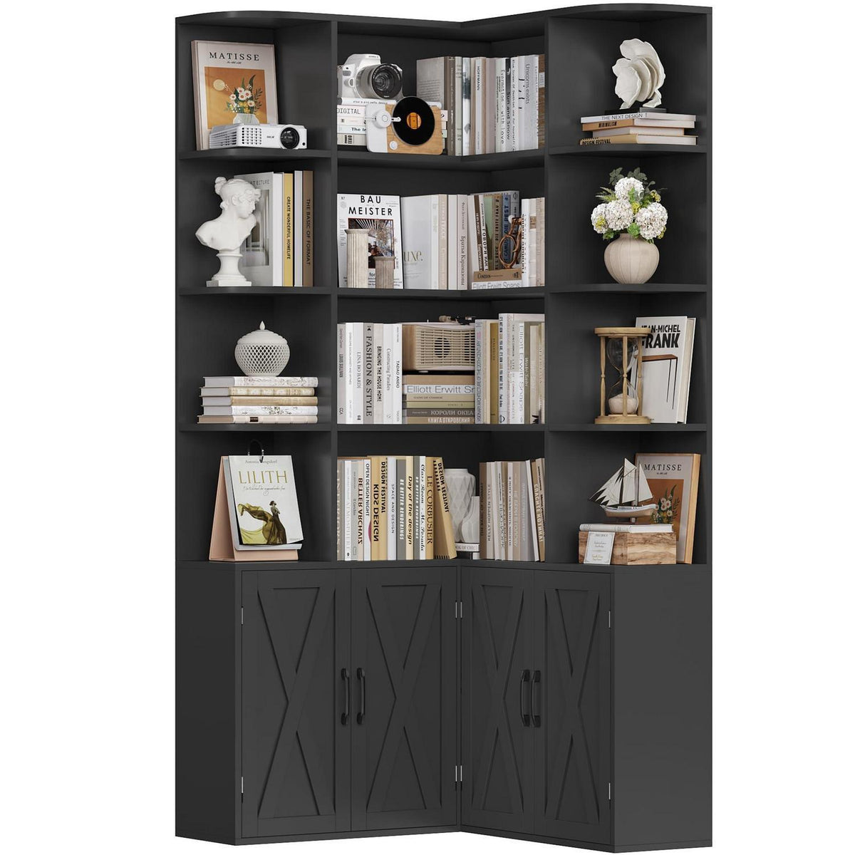 Eckregal 187cm mit Türen & 12 Fächern – L-förmiger Bücherschrank