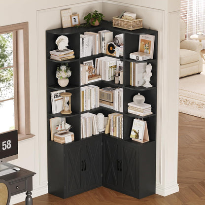 Eckregal 187cm mit Türen & 12 Fächern – L-förmiger Bücherschrank