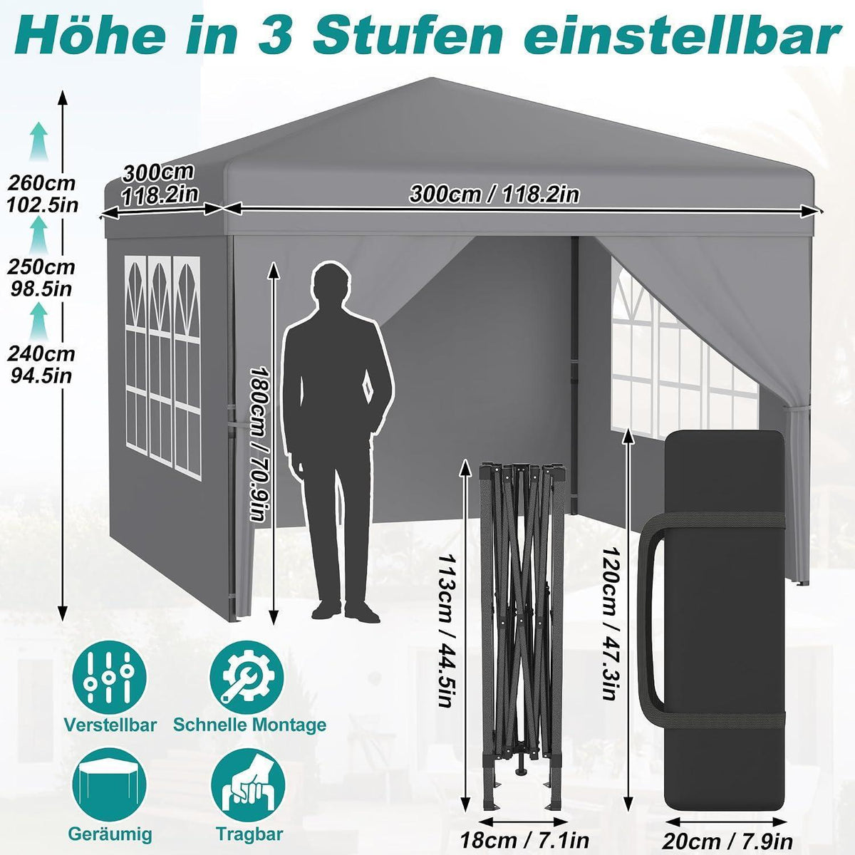 3x3m Pop-Up Pavillon mit Seitenwänden & One-Touch Lift