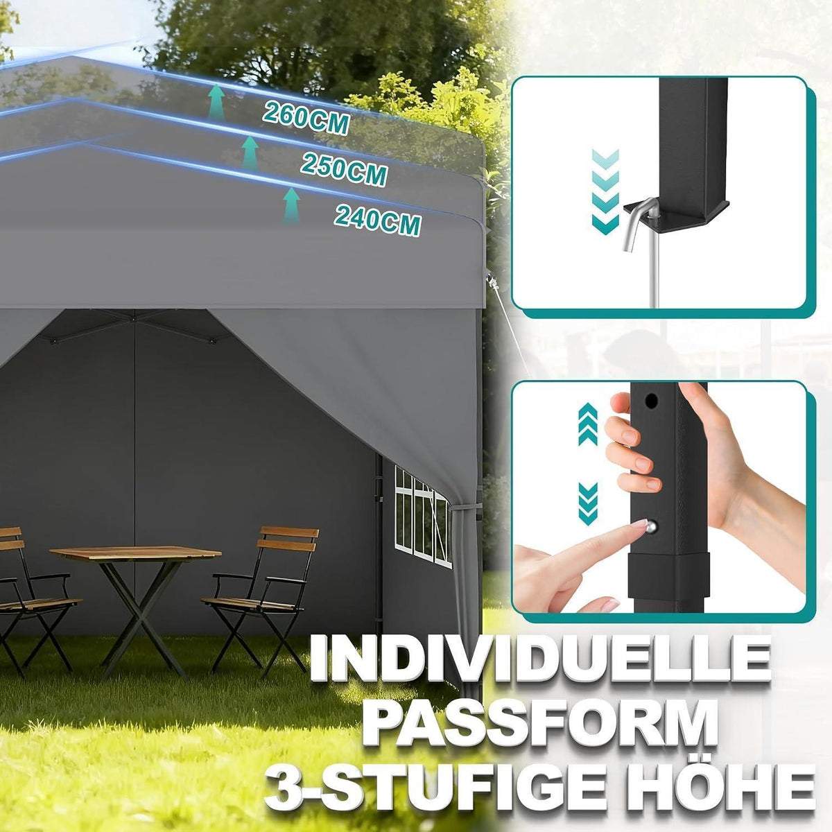 3x3m Pop-Up Pavillon mit Seitenwänden & One-Touch Lift