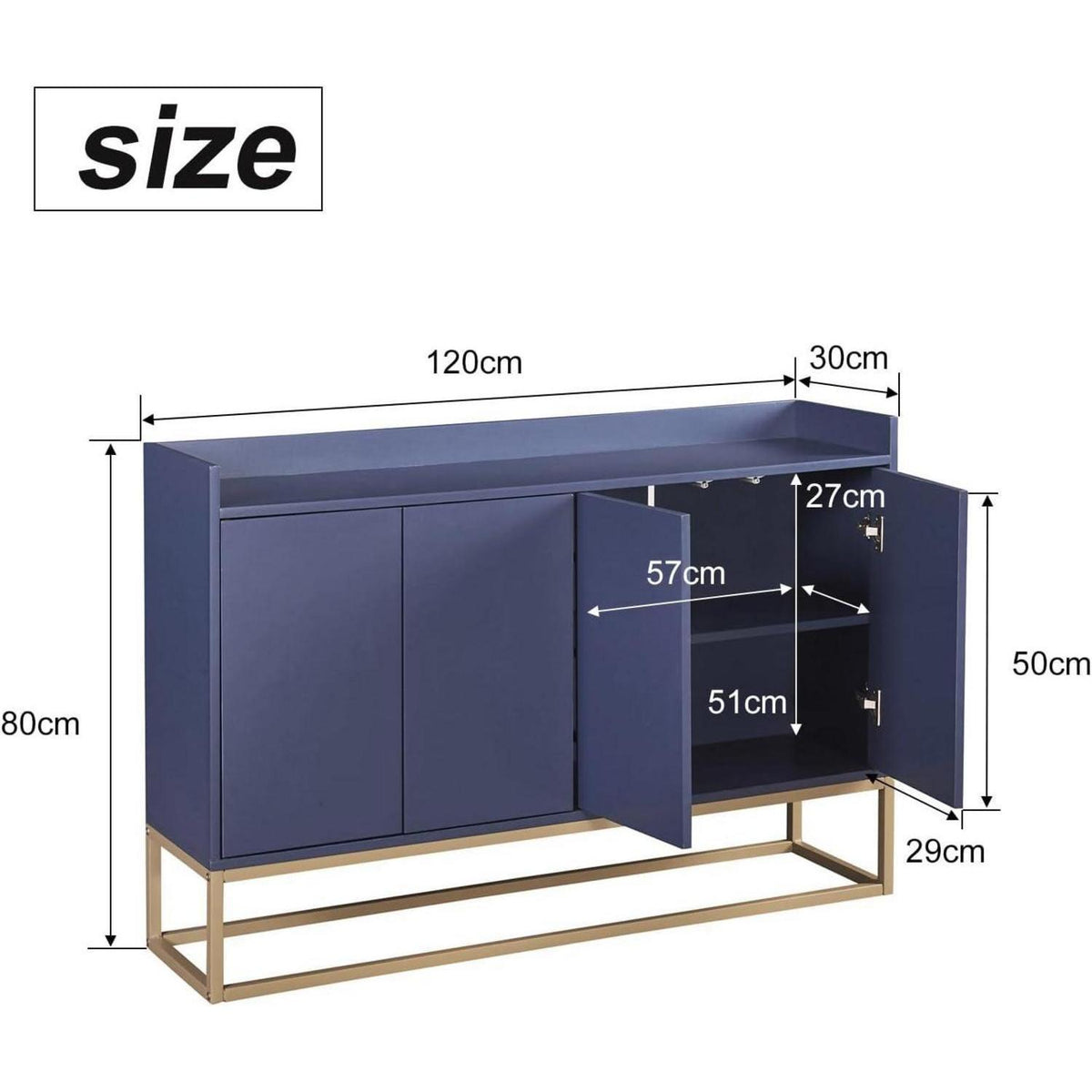 Schmaler Sideboard Blau 120x30x80cm | Grifflos & Verstellbar