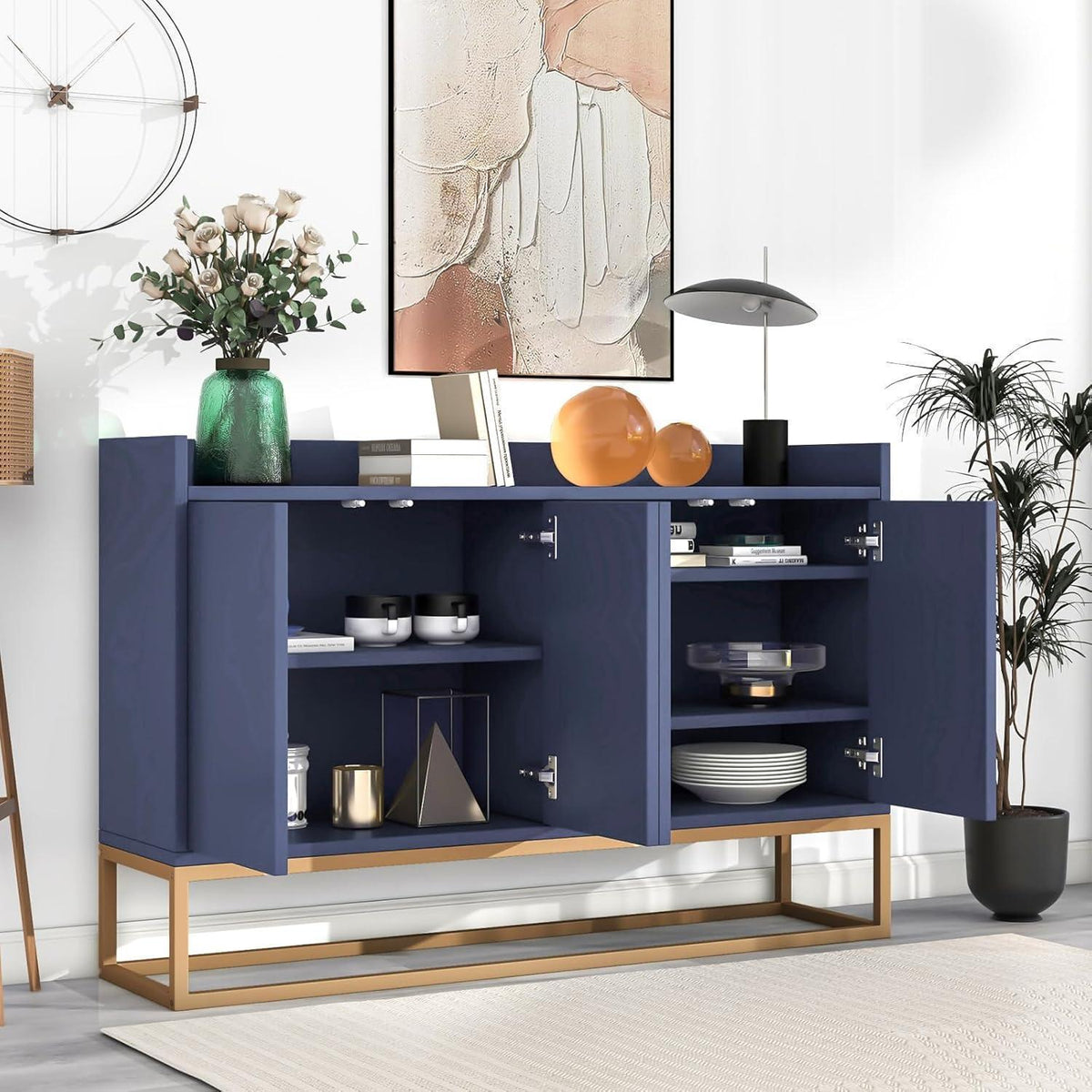 Schmaler Sideboard Blau 120x30x80cm | Grifflos & Verstellbar