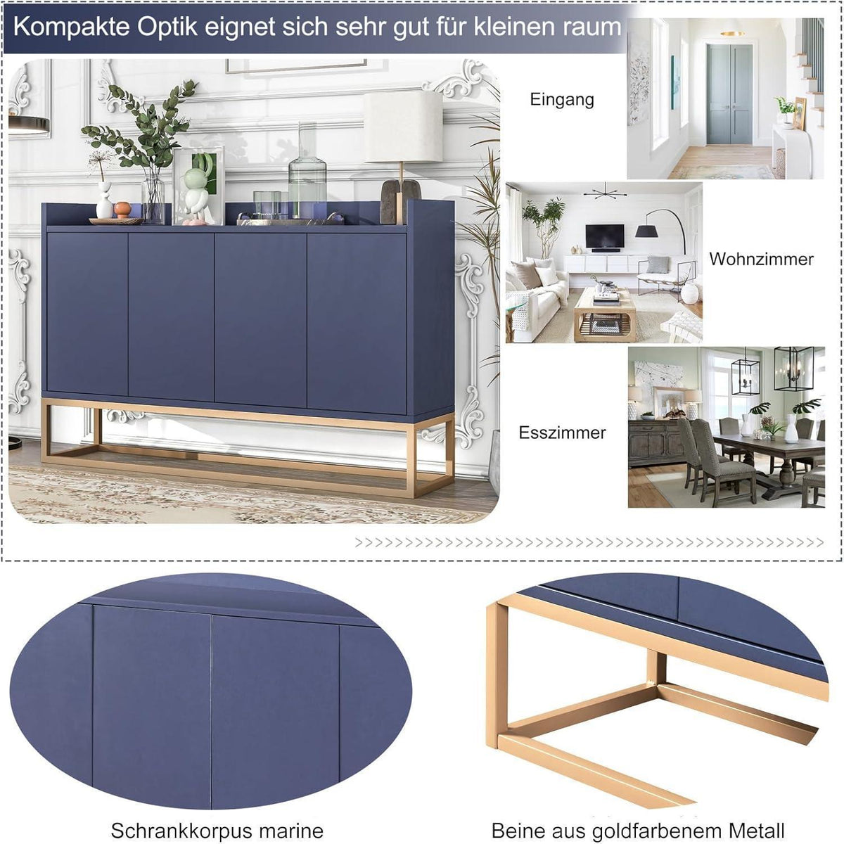 Schmaler Sideboard Blau 120x30x80cm | Grifflos & Verstellbar