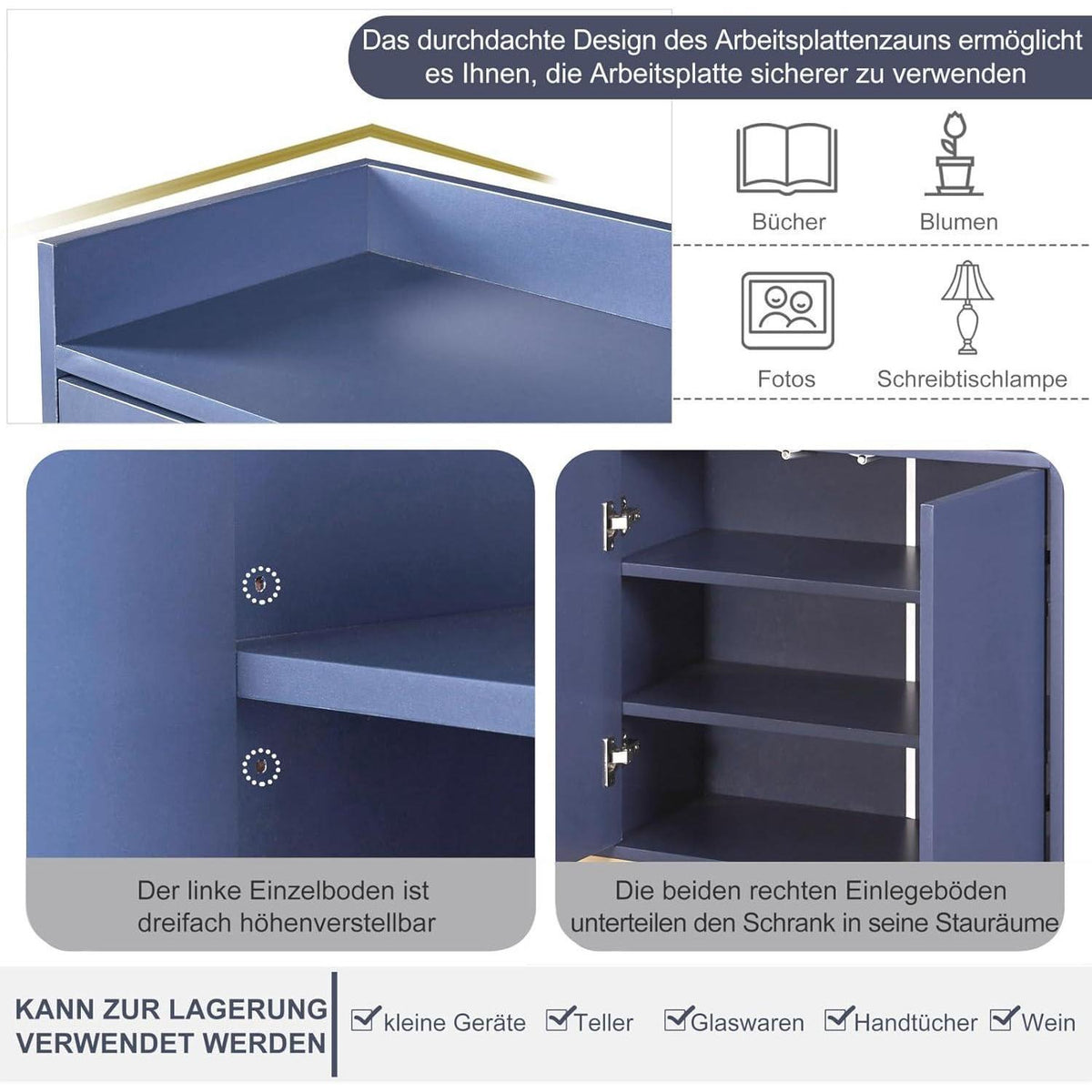 Schmaler Sideboard Blau 120x30x80cm | Grifflos & Verstellbar