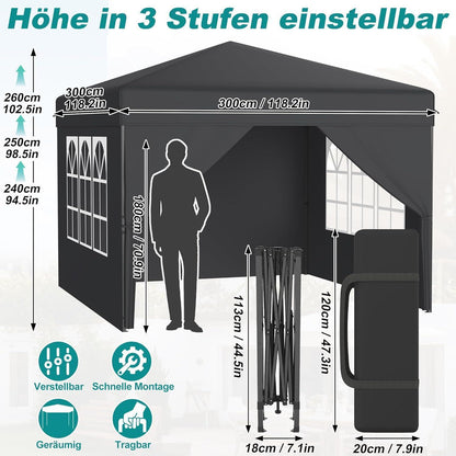 3x3m Pop-Up Pavillon mit Seitenwänden & One-Touch Lift