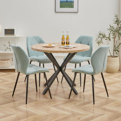 Runder Esstisch 100cm mit 4 modernen Leinenstühlen (Helle + Mint)