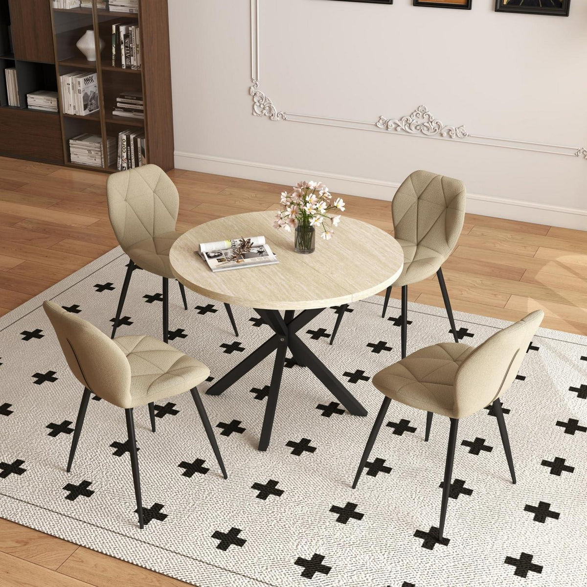 Runder Esstisch Set 100cm + 4 Moderne Leinenstühle (Gelb/Grün)