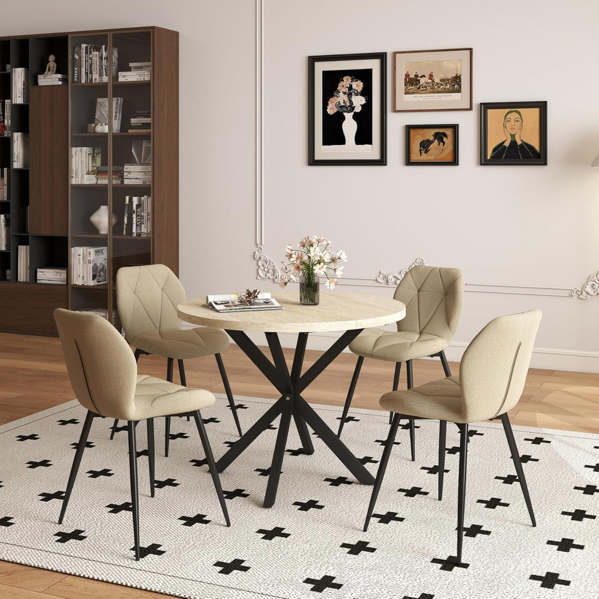 Runder Esstisch Set 100cm + 4 Moderne Leinenstühle (Gelb/Grün)