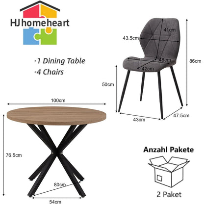 Runder Esstisch Set 100cm mit 4 modernen Leinenstühlen
