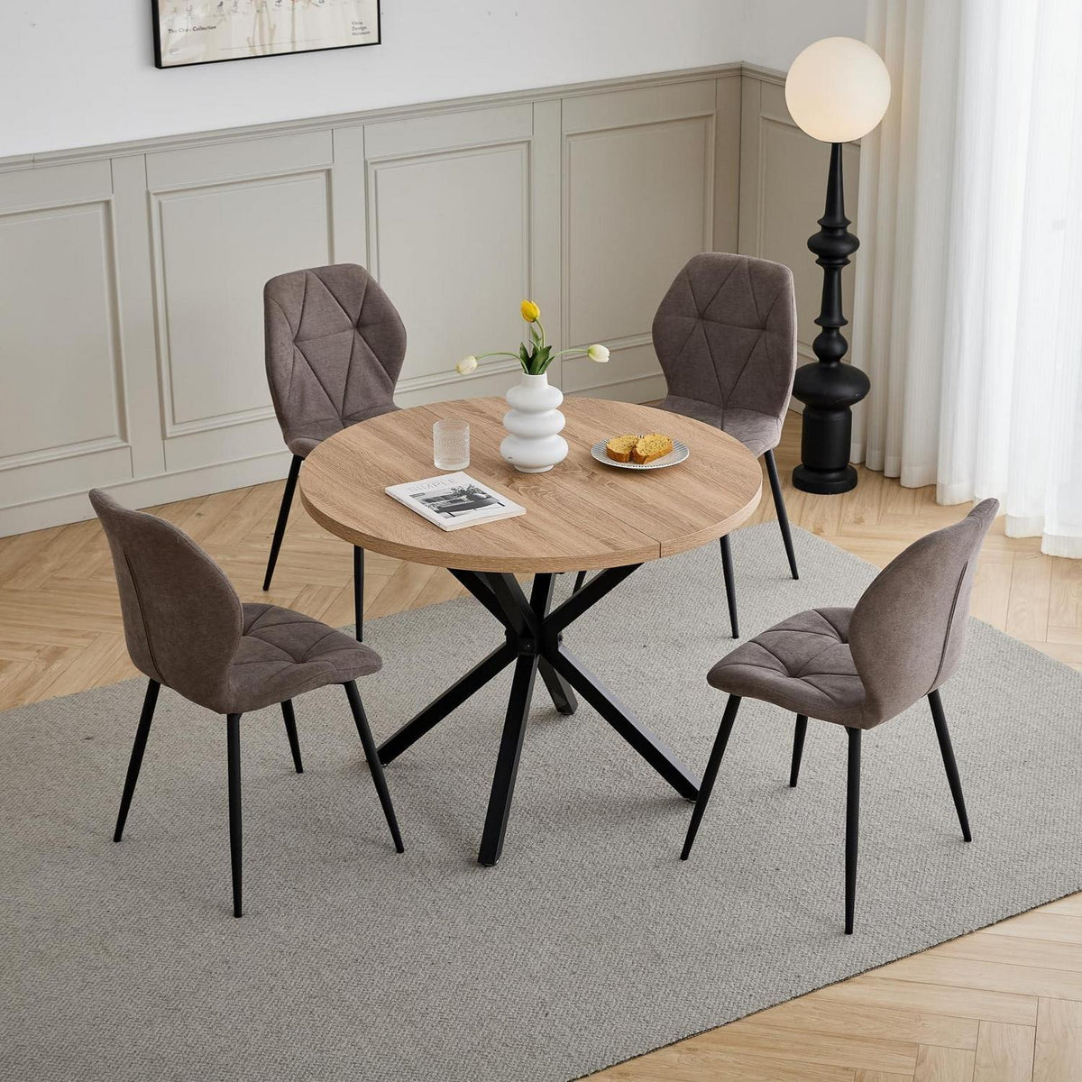 Runder Esstisch Set 100cm mit 4 modernen Leinenstühlen