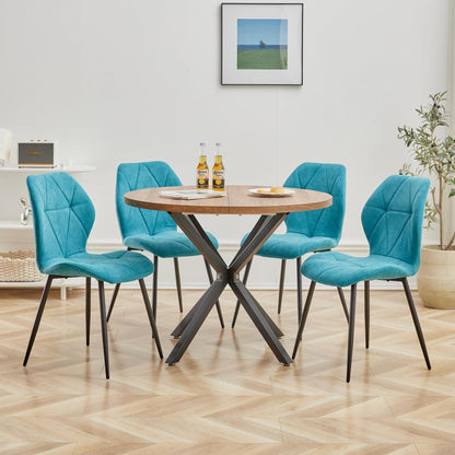 Runder Esstisch Set 100cm & 4 Moderne Leinenstühle Dunkelblau