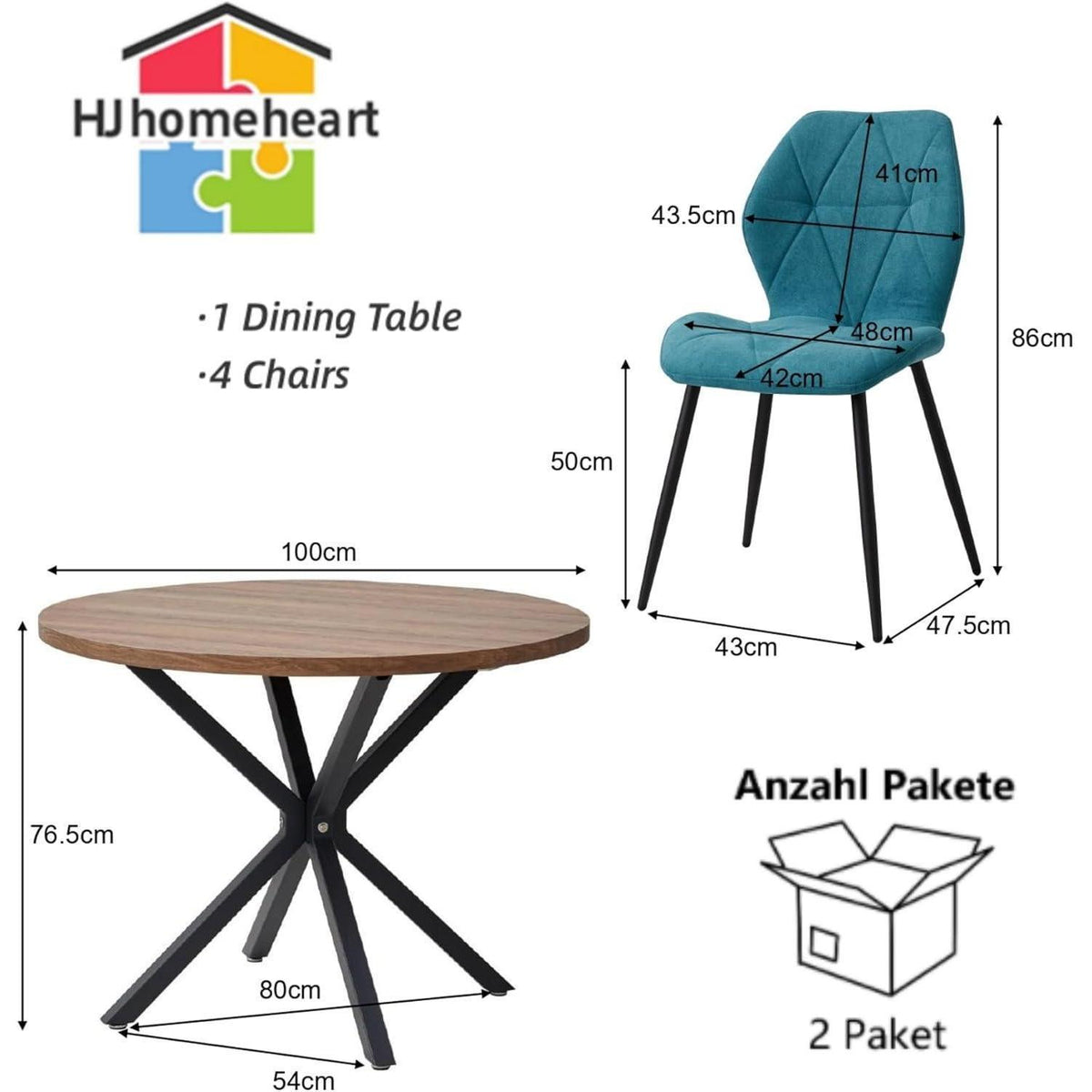 Runder Esstisch Set 100cm & 4 Moderne Leinenstühle Dunkelblau