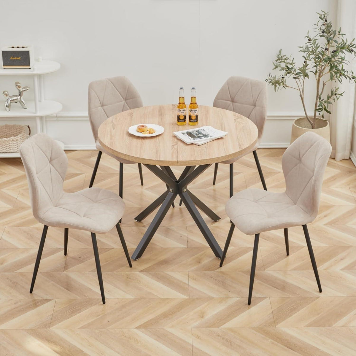 Runder Esstisch Set 100cm mit 4 modernen Leinenstühlen