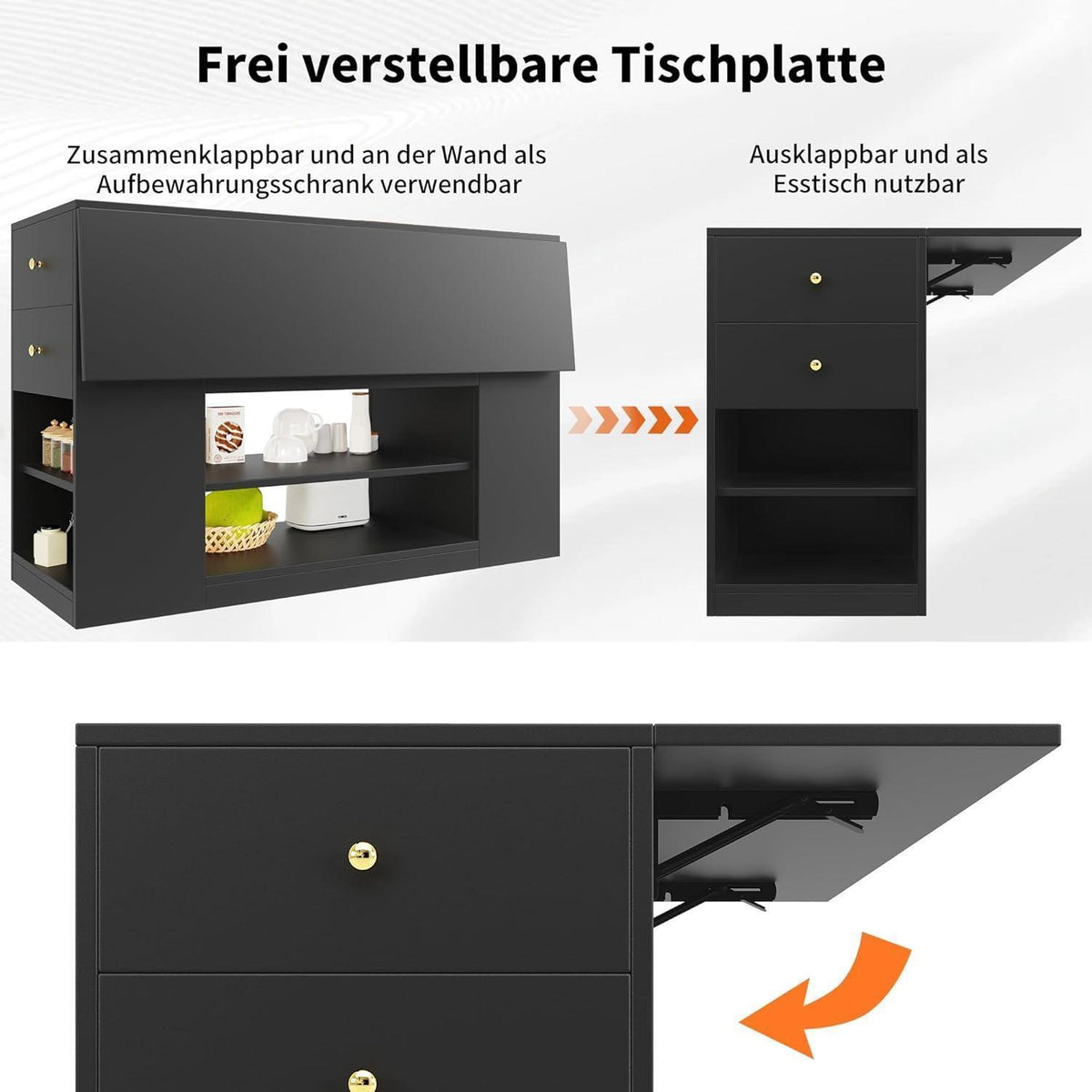 Klappbare Kücheninsel mit Schubladen & Regalen, Schwarz