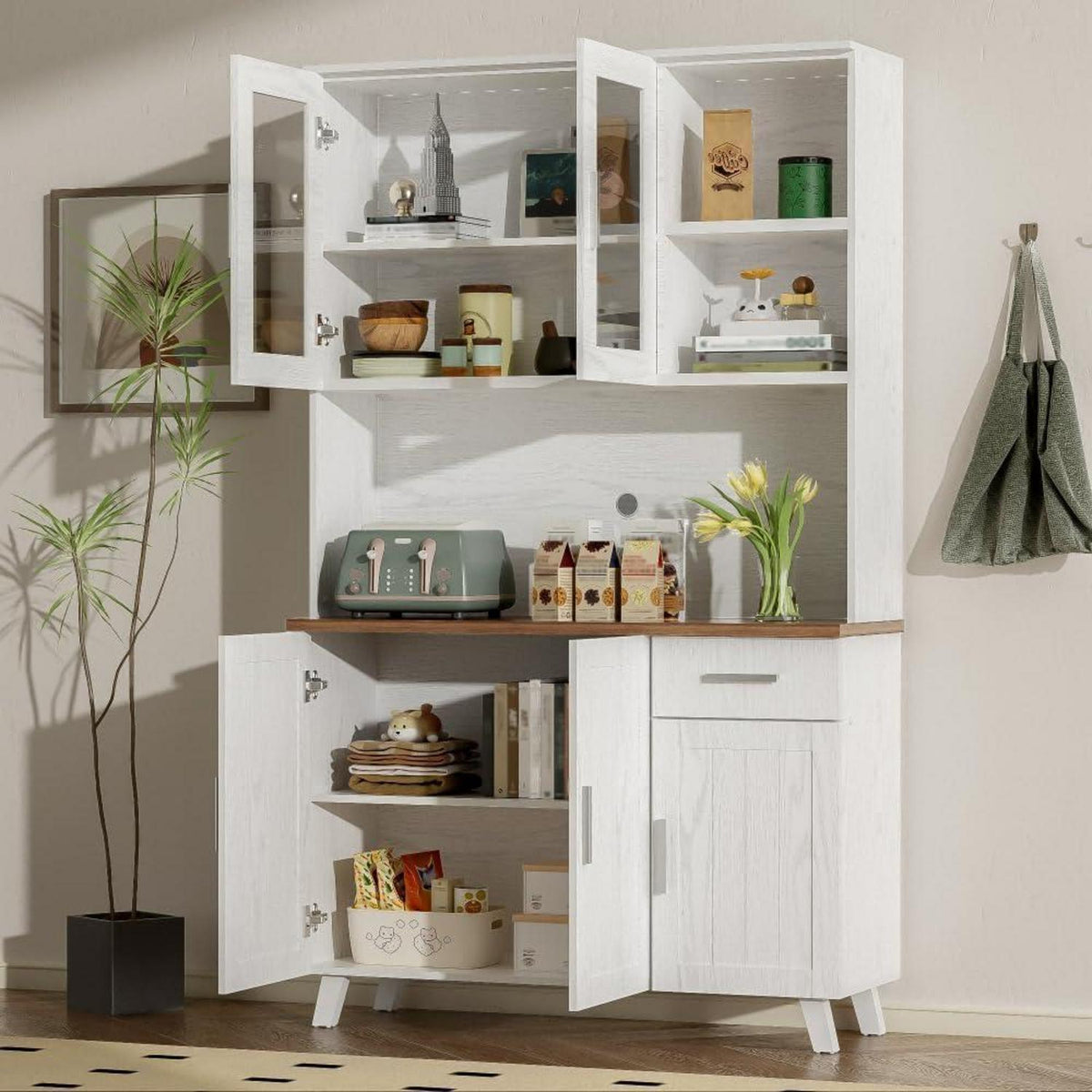 Weißes Sideboard mit Glastüren | 114x40x190 cm | Rustikaler Hochschrank