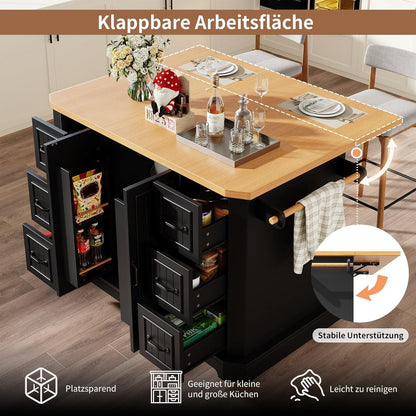 Rollbare Kücheninsel mit 2 Türen & 6 Schubladen, Schwarz