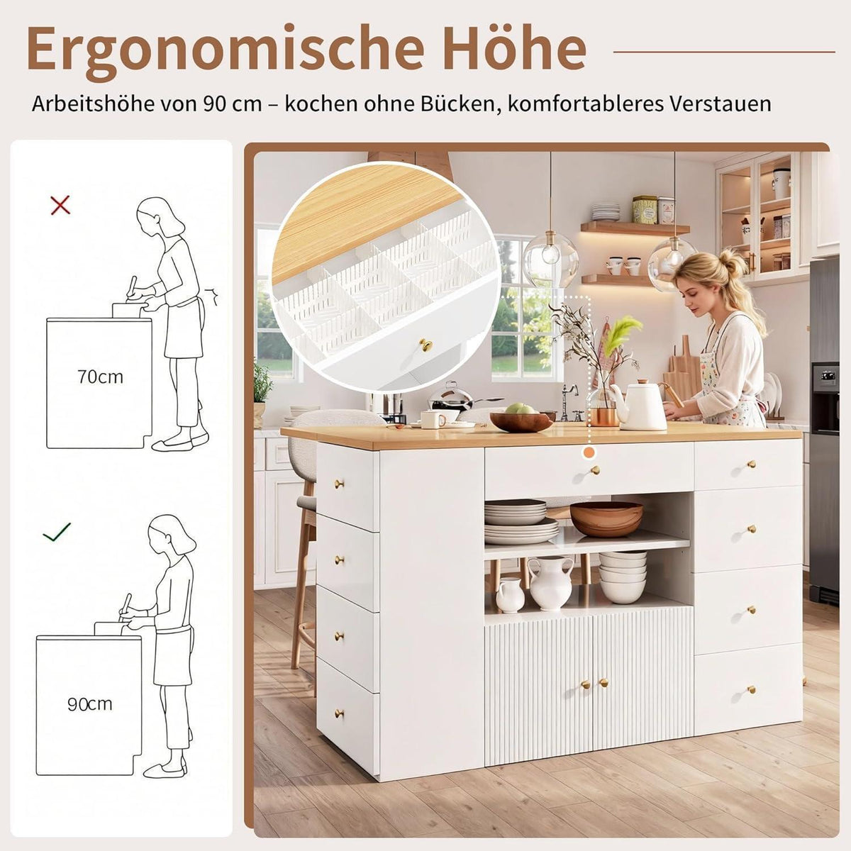 Verstellbare Kücheninsel mit Barhockern & Stauraum Weiß