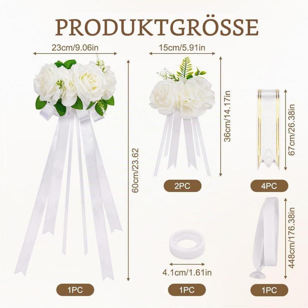 Hochzeitsauto Deko Set Weiß mit Rosen & Schleifen