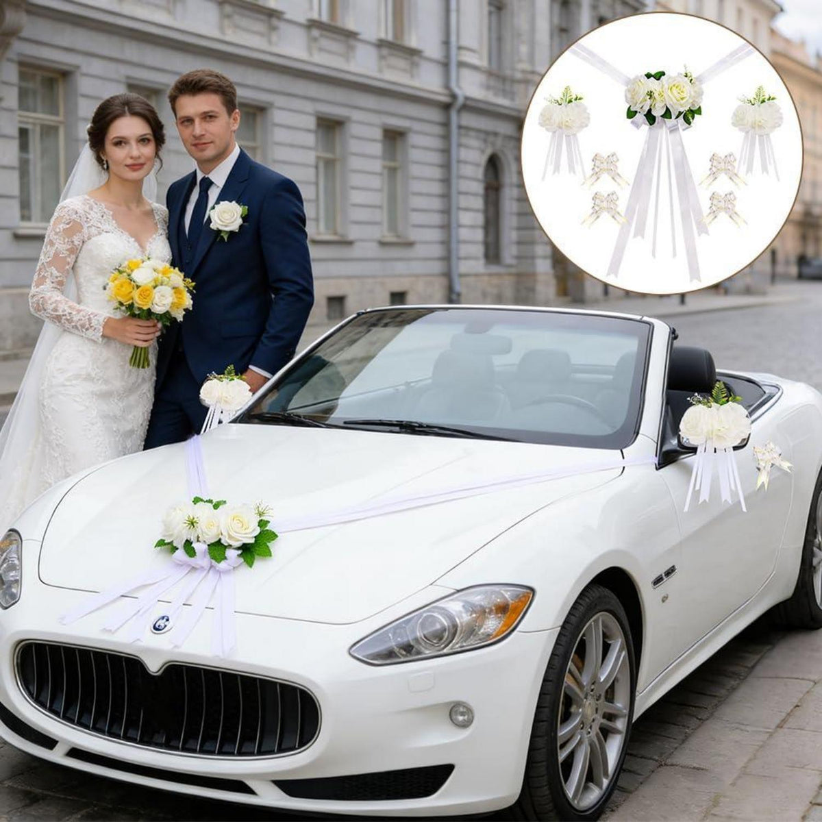 Hochzeitsauto Deko Set Weiß mit Rosen & Schleifen