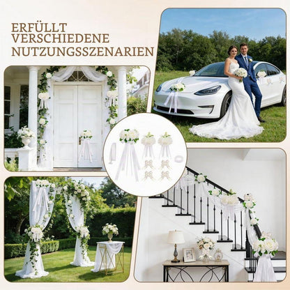 Hochzeitsauto Deko Set Weiß mit Rosen & Schleifen