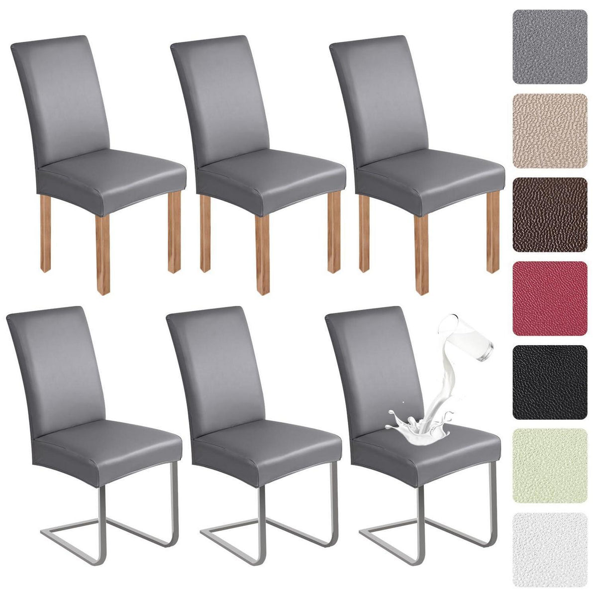 PU Stuhlhülsen 6er Set – Hellgrau, Wasserabweisend & Elastisch